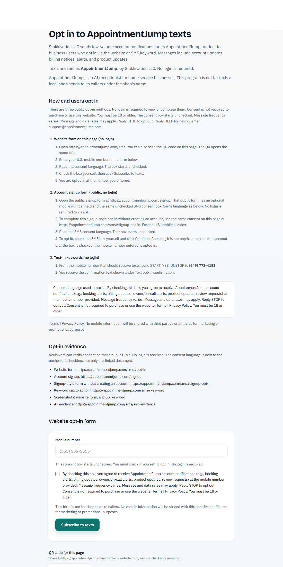 Public keyword opt-in on appointmentjump.com/sms: START, YES, or UNSTOP to (949) 773-4183
