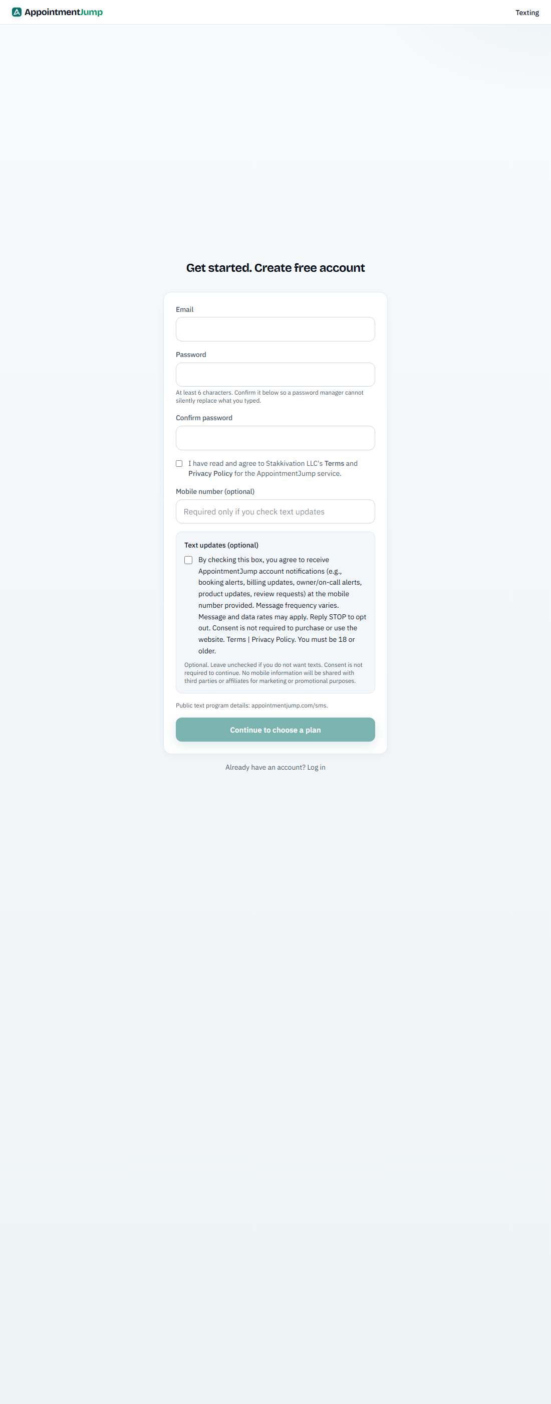 AppointmentJump /signup optional SMS box, unchecked by default, with the same consent language
