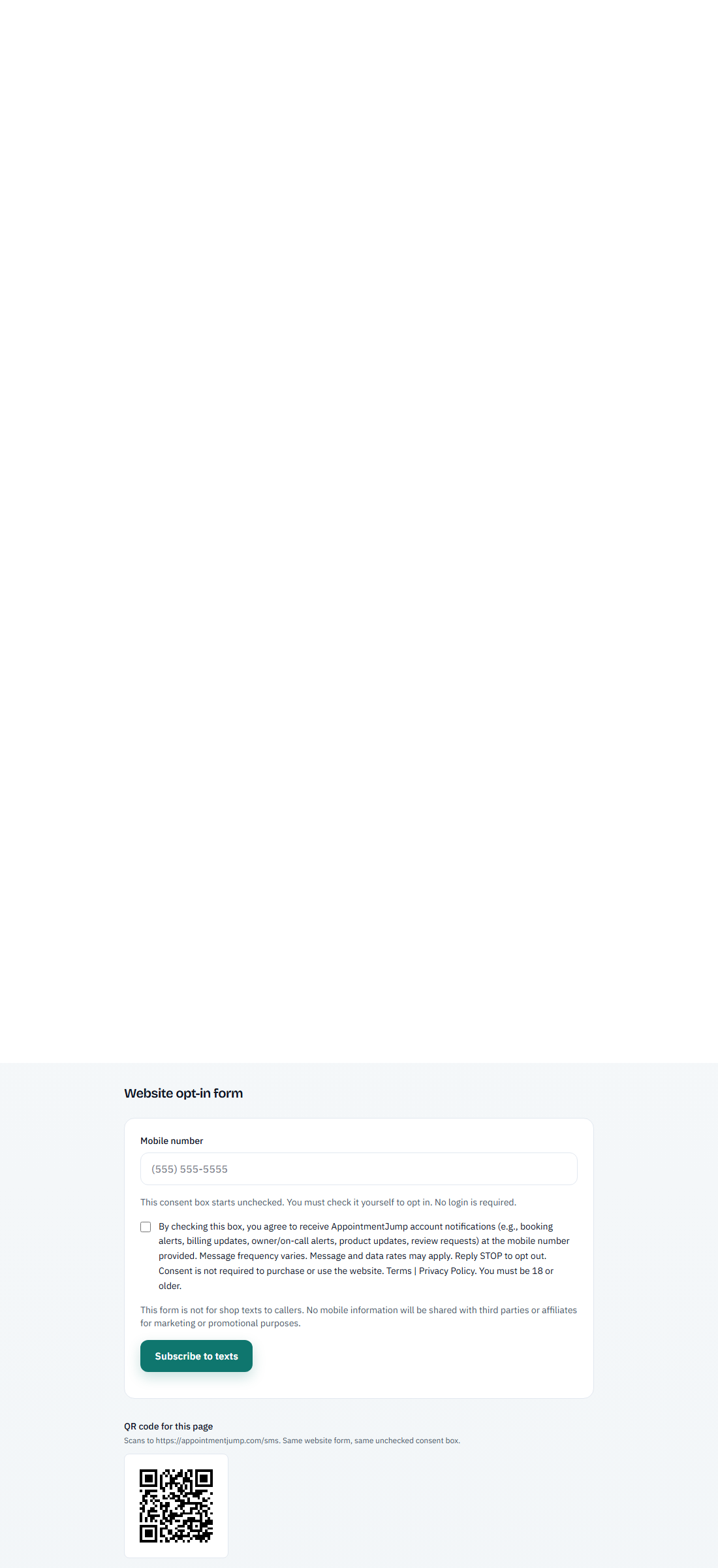 AppointmentJump /sms website form with unchecked SMS consent checkbox and full consent language
